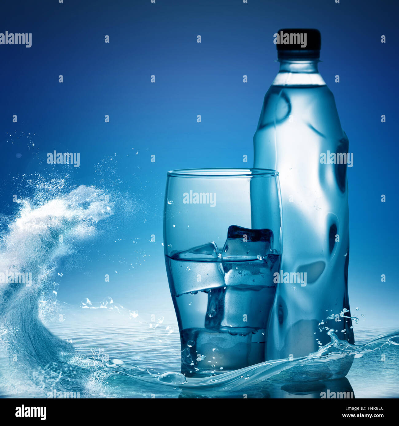 Pure mineral water against ocean surface, healthy life concept Stock