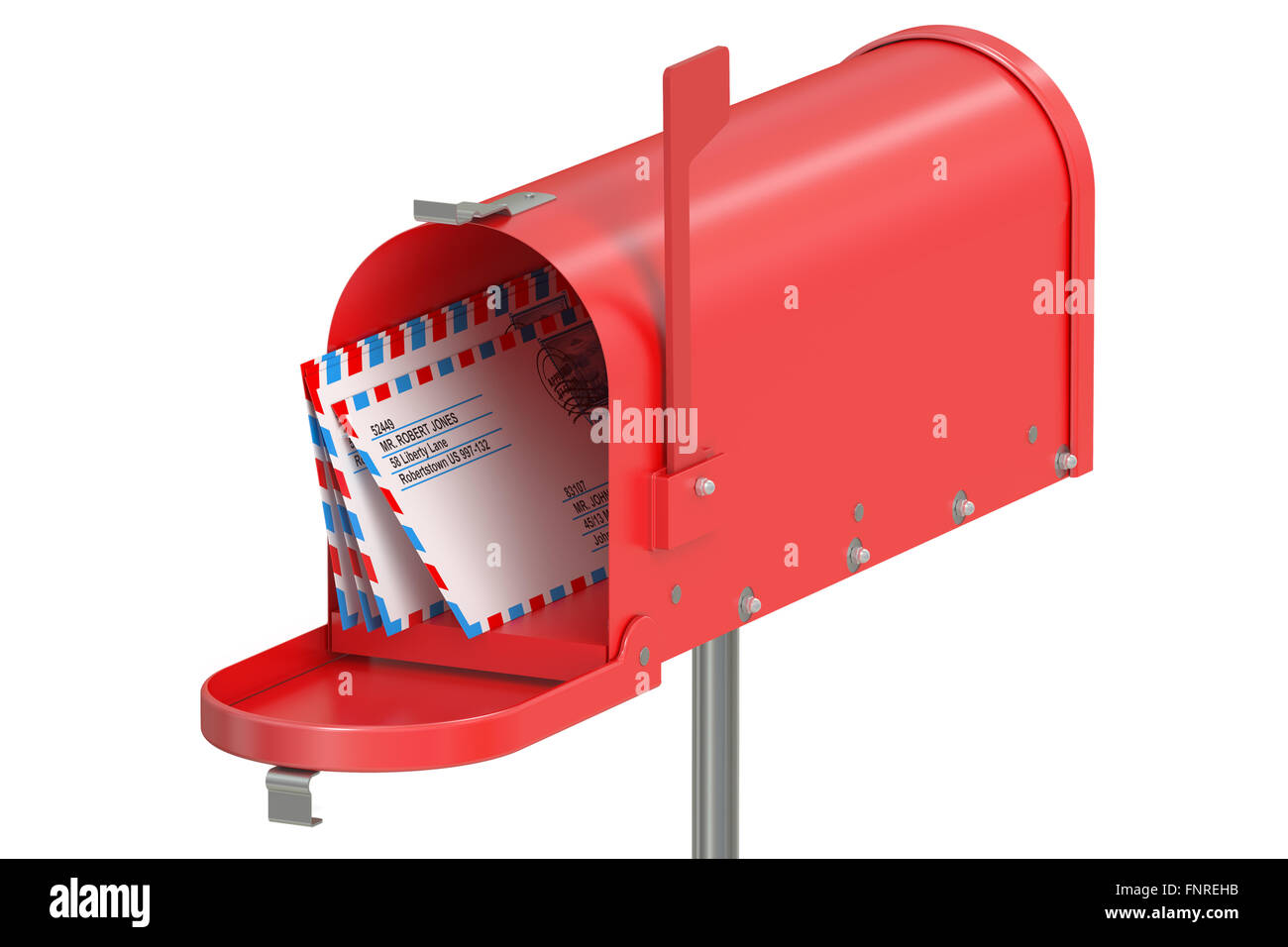 Red mailbox with letters  isolated on white background Stock Photo
