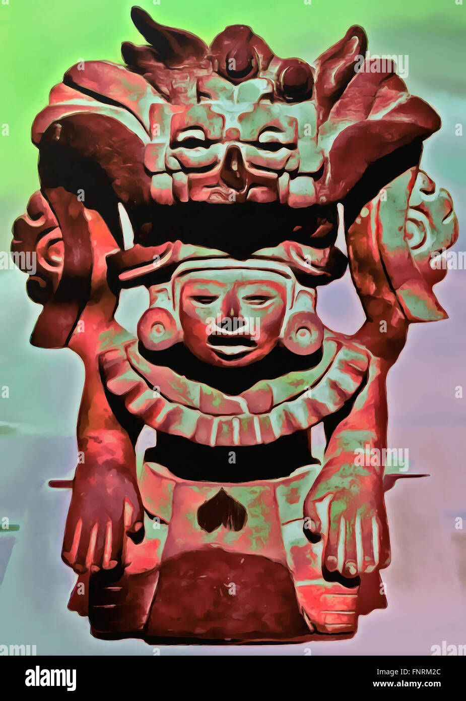 Statue of Mayan God digitally adjusted photograph in vivid colors with heart in the lap. Stock Photo