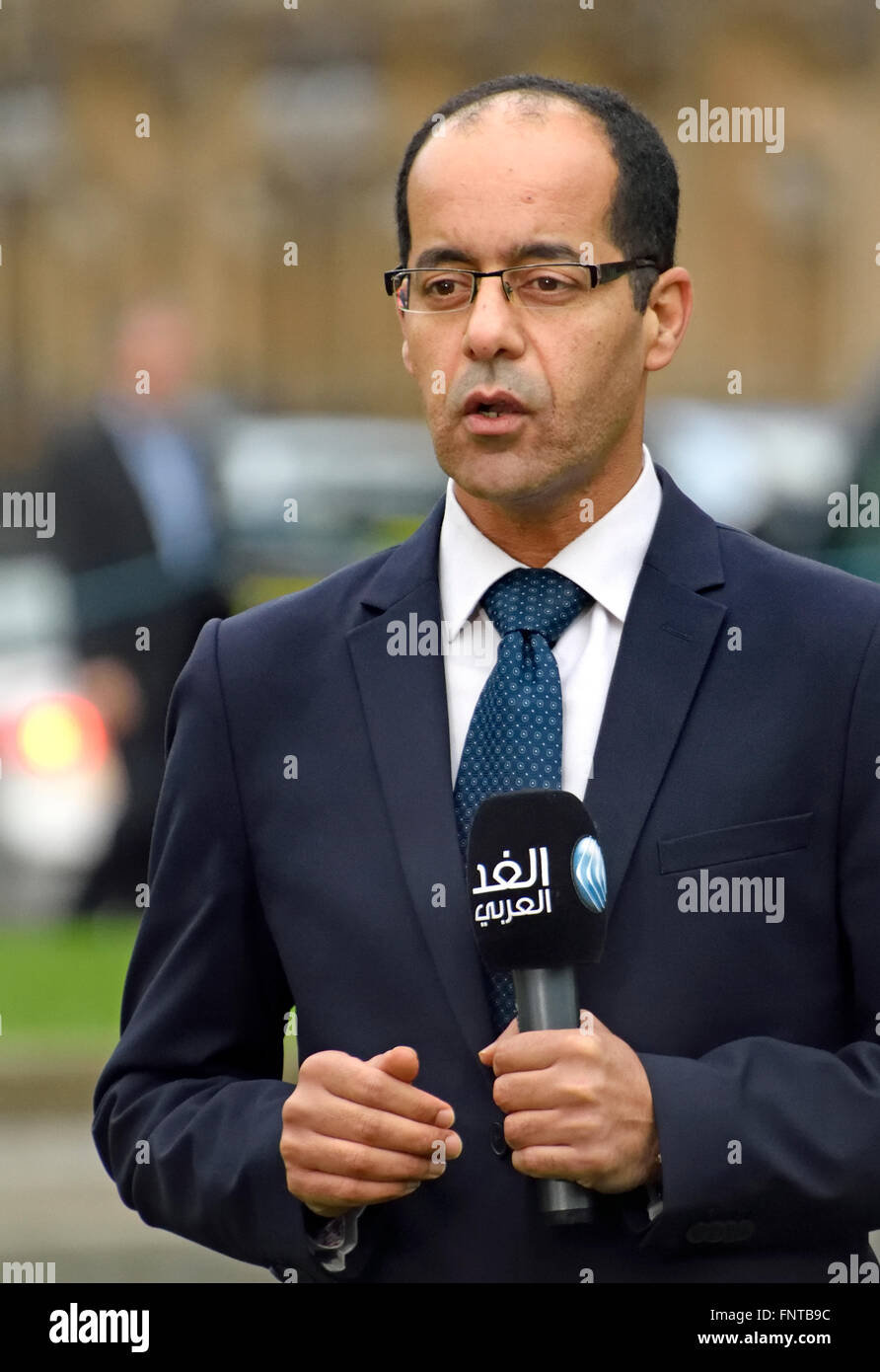 Abdelali Ragad (Field reporter & News Producer for Egyptian news station Al Ghad Al Arabi) College Green, Westminster Stock Photo