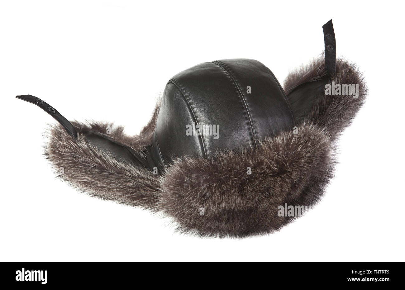 Men's fur hat with ears on a white background Stock Photo