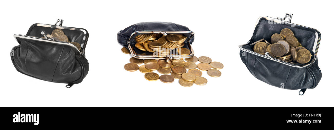 set black leather purse with coins on white background Stock Photo - Alamy