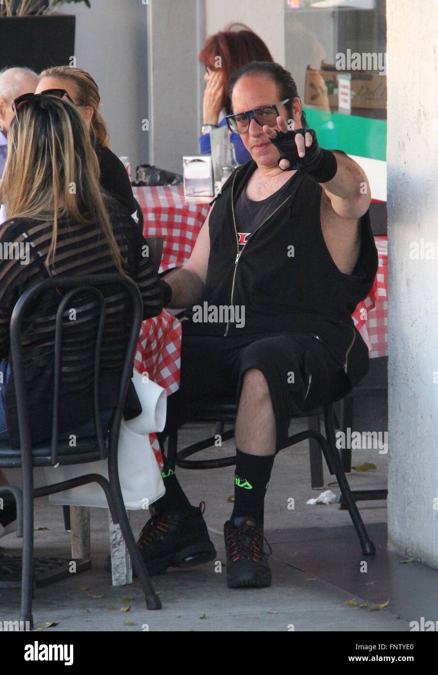 Comedian Andrew Dice Clay having lunch at Mulberry Street Pizzeria in