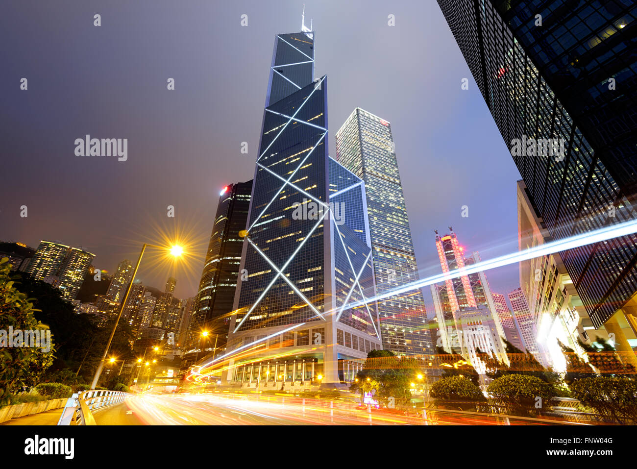 Night traffic in Central Hong Kong. Stock Photo