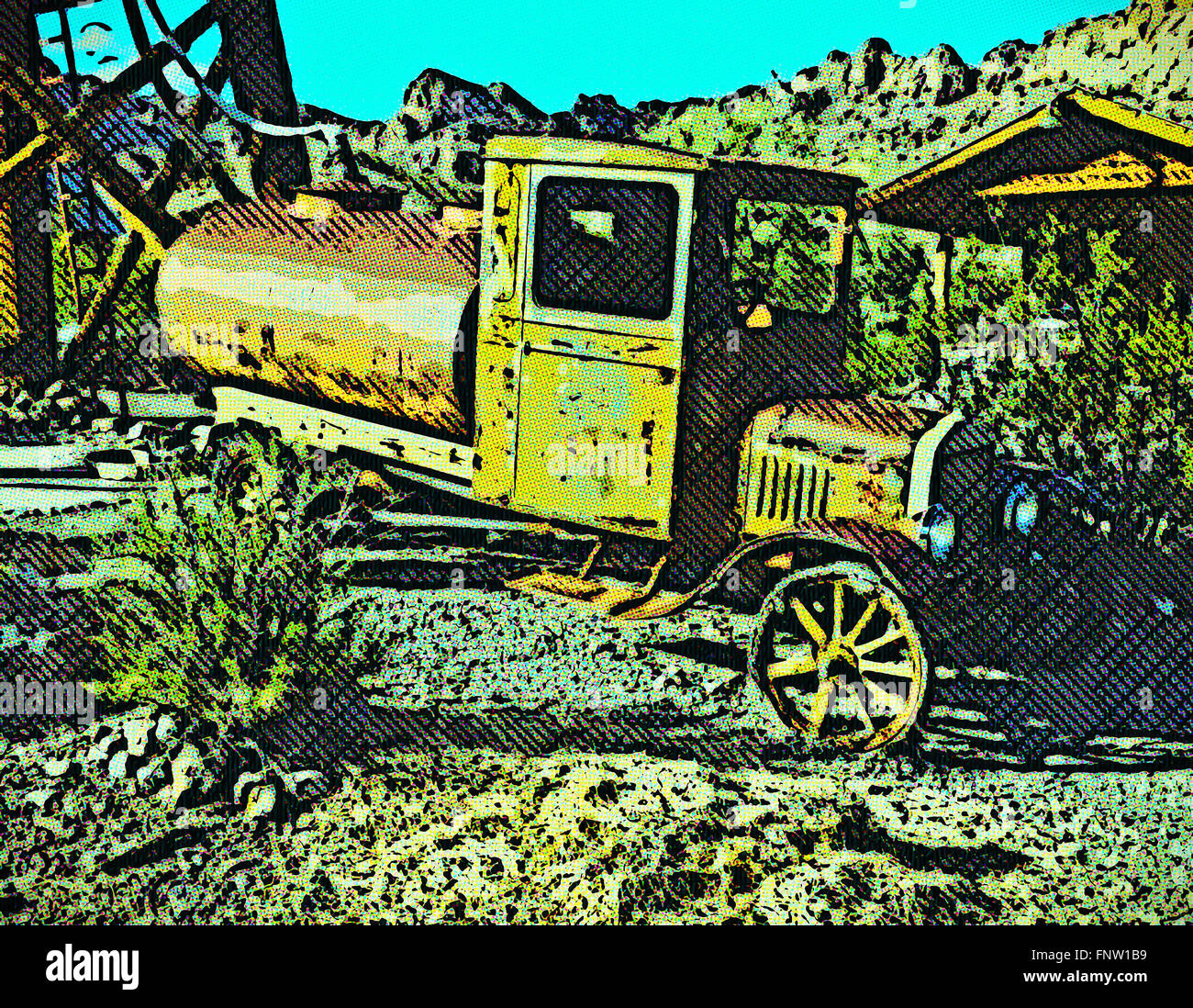 Old vintage car deserted in old mining  ghost town of Nelson, Nevada. Digitally enhanced photograph. Stock Photo