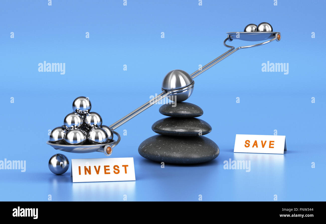 Seesaw with metal balls over blue background. Concept of investment versus saving money Stock Photo