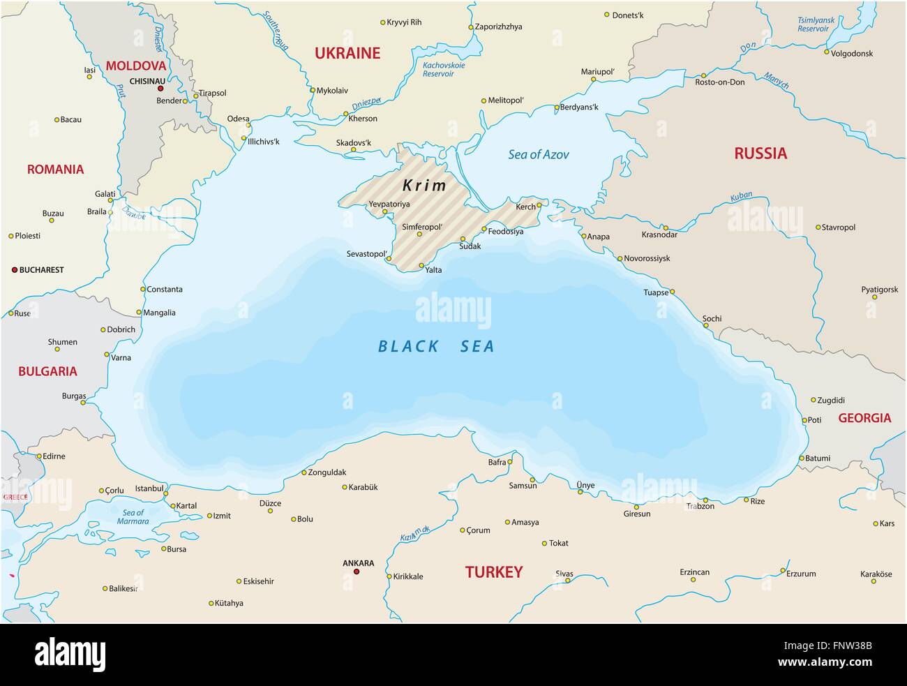 map of the black sea with the Neighboring states Stock Vector