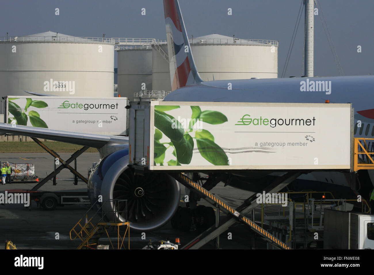 gate gourmet in flight catering plane jet aircraft Stock Photo