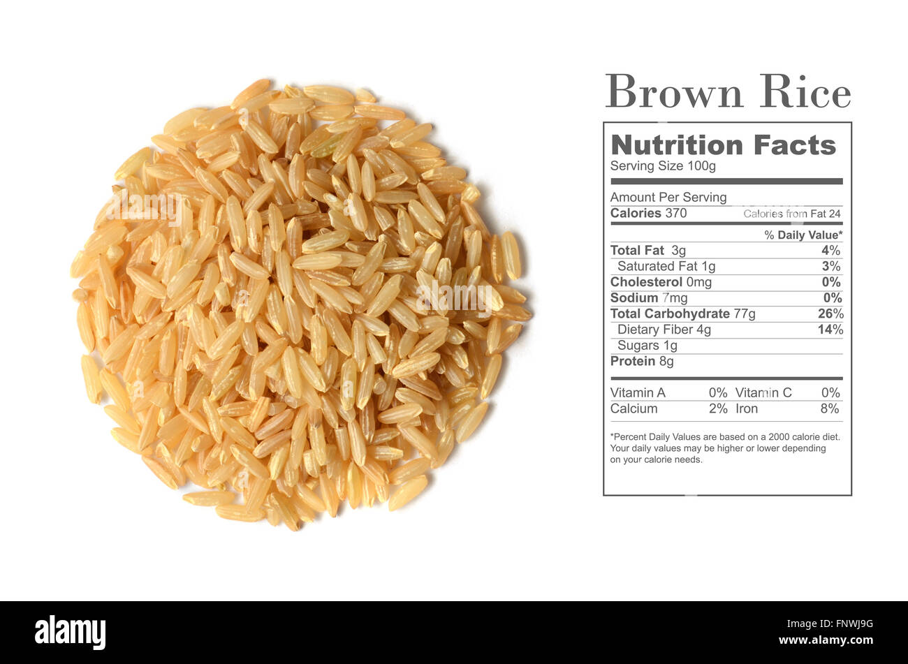 Healthy brown rice uncooked, with nutrition facts on white background Stock Photo