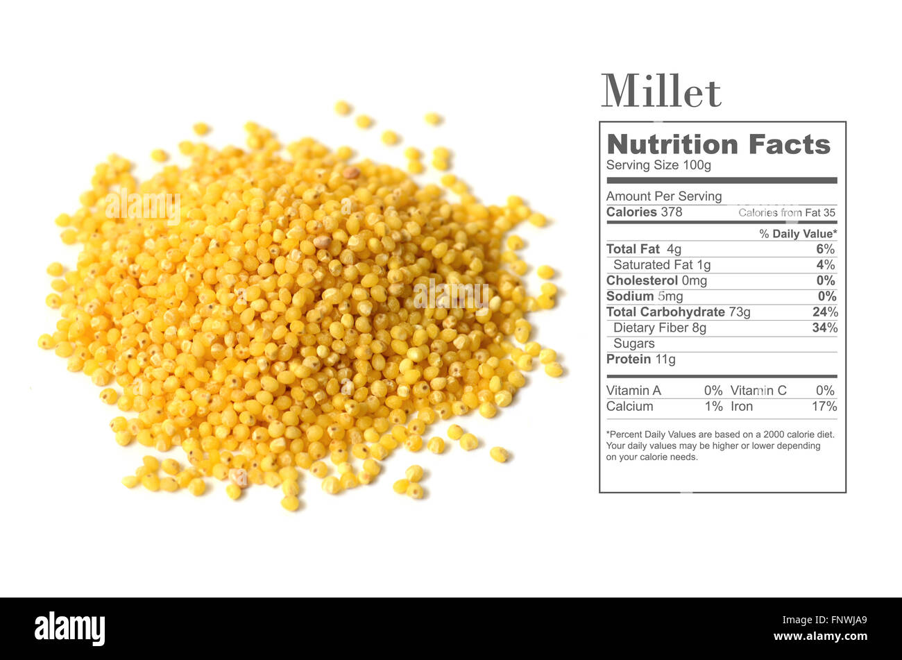 raw organic millet seeds with nutrition facts on white background Stock