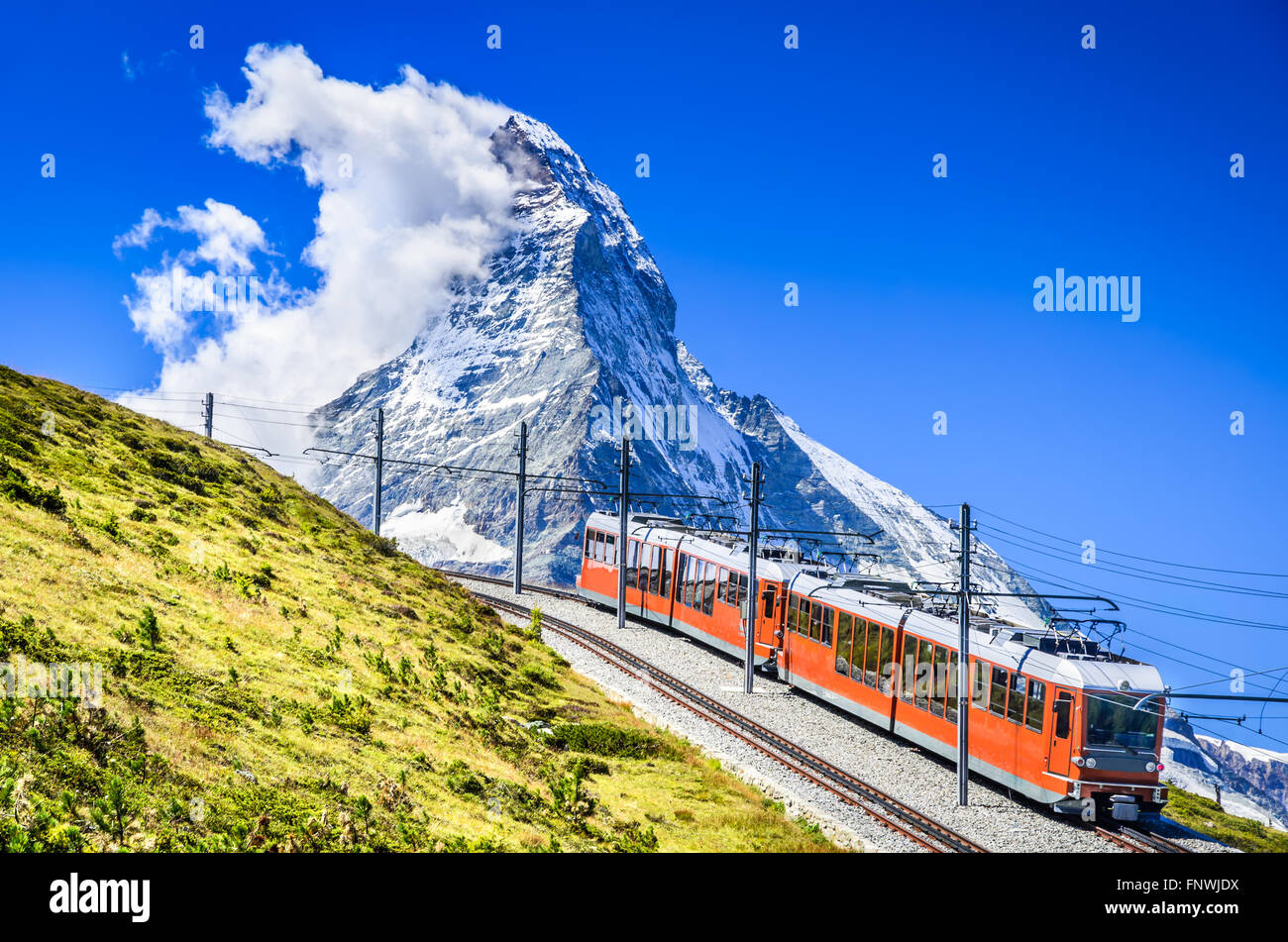 Matterhorn, Switzerland. Gornergratbahn is a 9 km long gauge mountain rack railway leading from Zermatt (1604 m), Gornergrat. Stock Photo