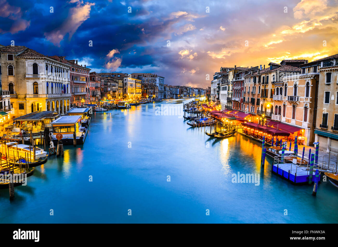 Venice, Italy. Famous Grand Canal view at twilight from Rialto Bridge. Venezia Laguna at Adriatic Sea. Stock Photo