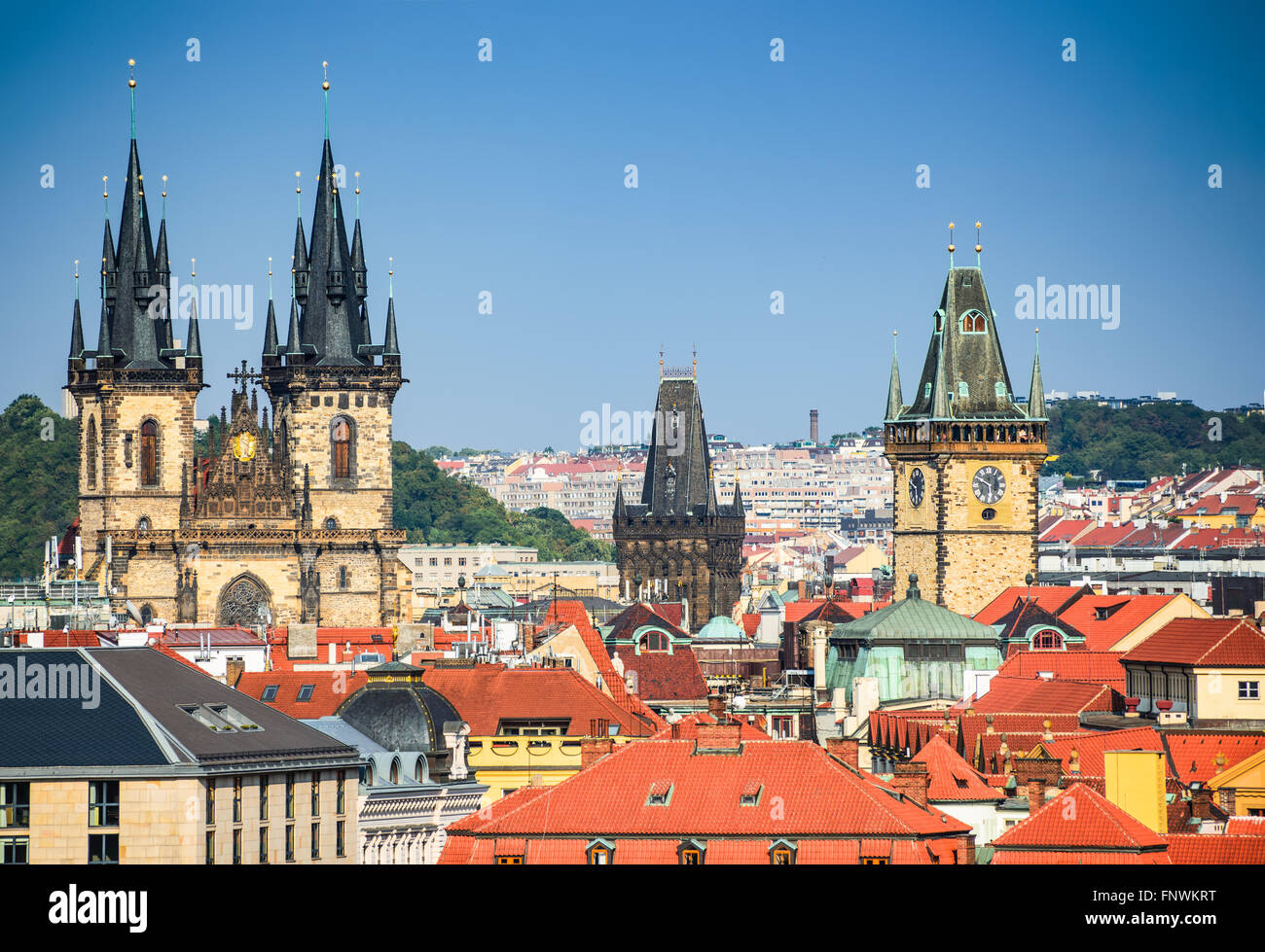 Prague, Czezh Republic. Scenic summer aerial view of the Old Town and Tyn Church architecture and over Vltava. Stock Photo