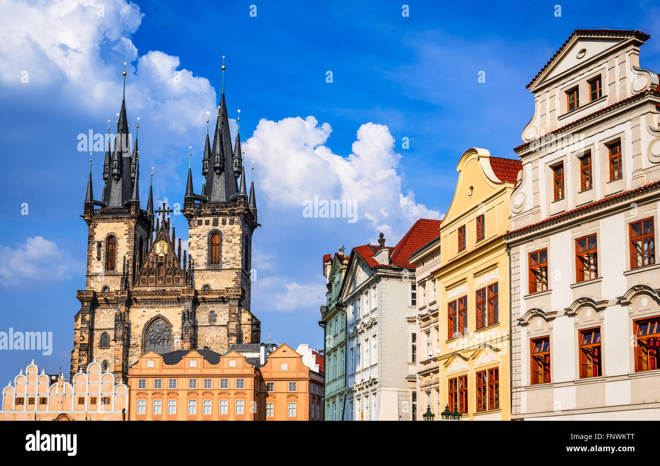 Prague, Czech Republic. Aerial view over Church of Our Lady before Tyn at Old Town square (Starometska) in Praha. Stock Photo
