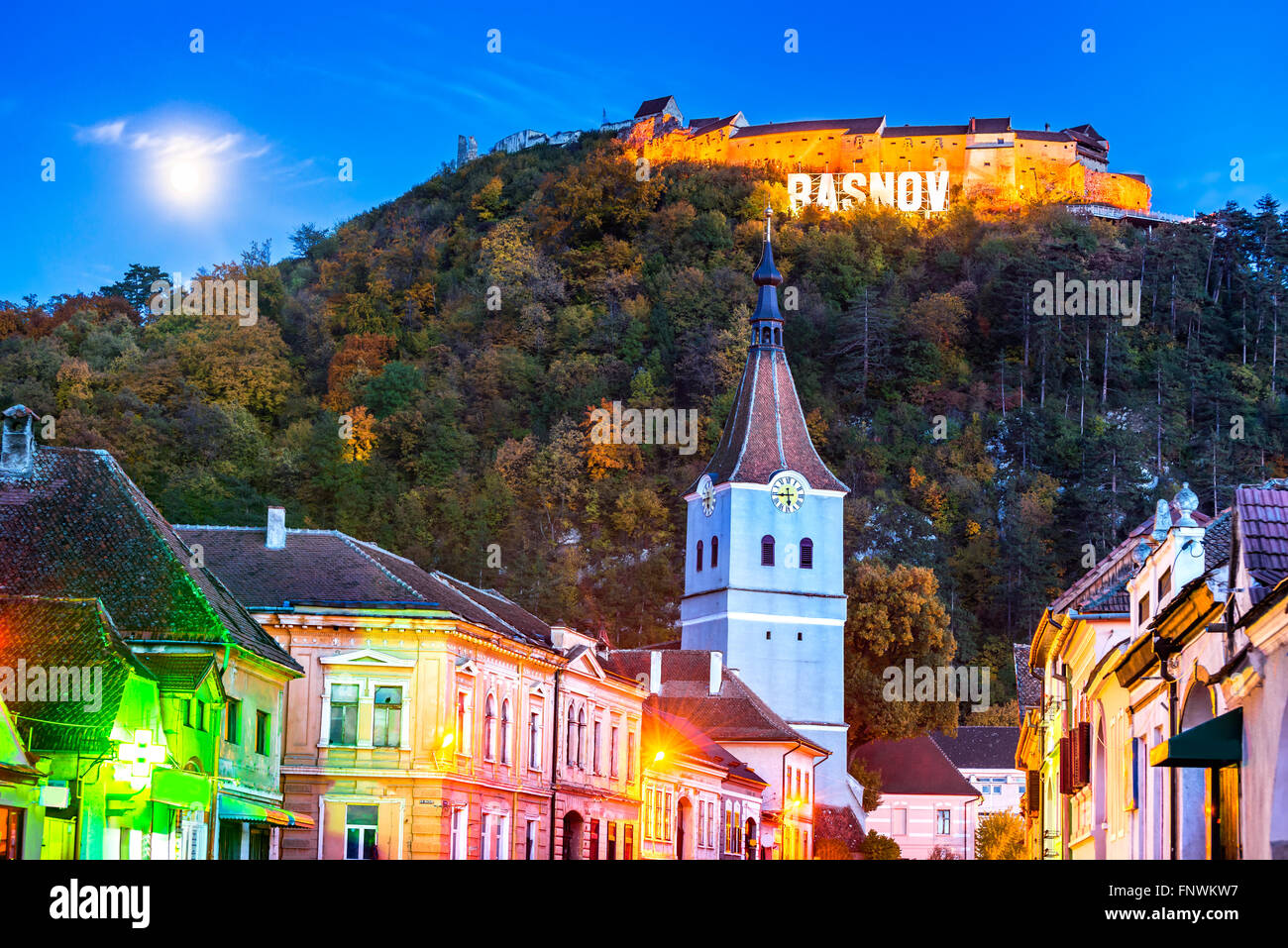 Rasnov Fortress, Romania. Twilight image of hill-top ruins. Saxon citadel in Transylvania, dating from the 13th century. Stock Photo