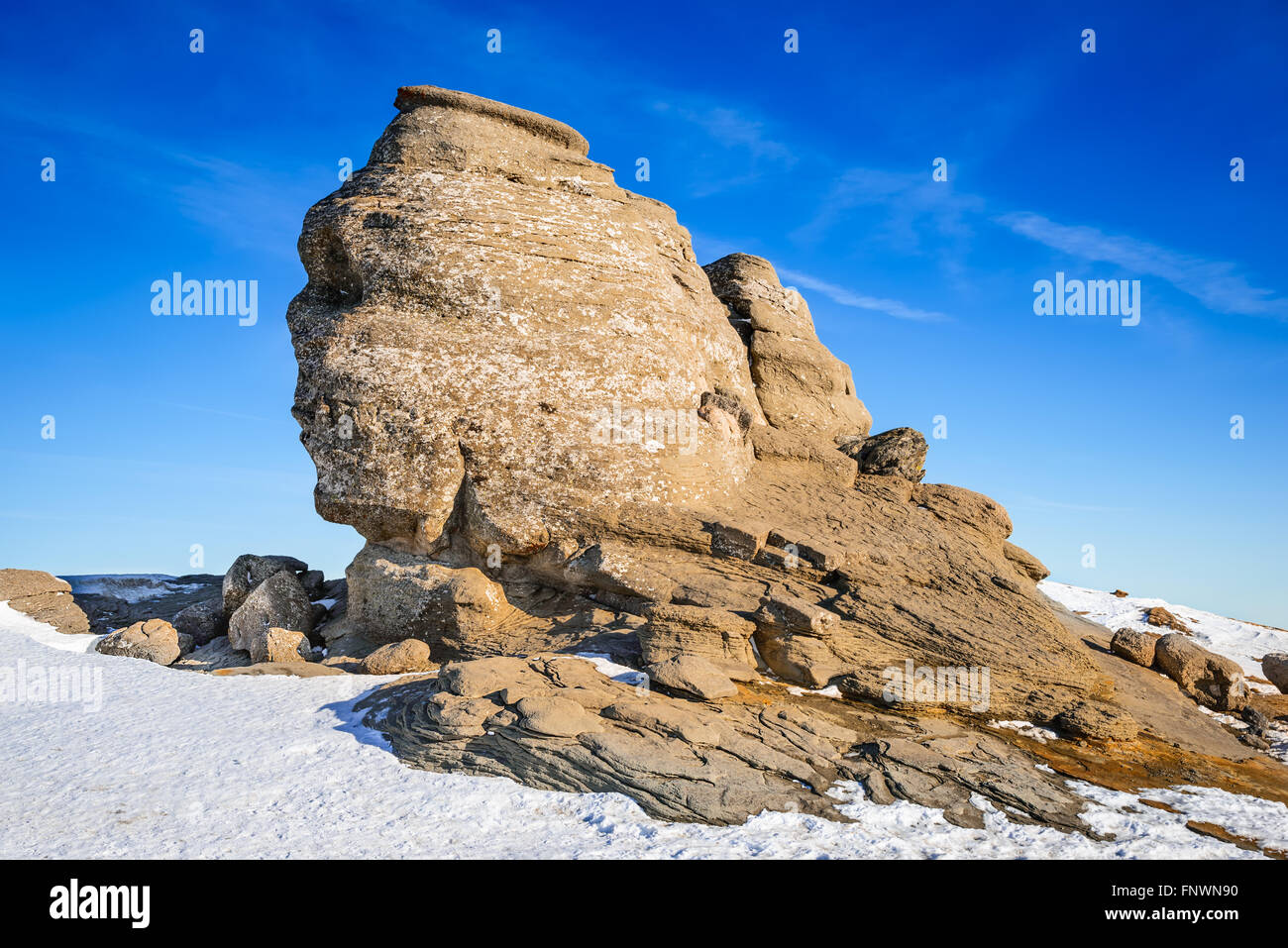 Carpathian Mountains, Romania. Romanian Sphinx, natural rock formation and geological phenomenon formed through erosion Bucegi. Stock Photo