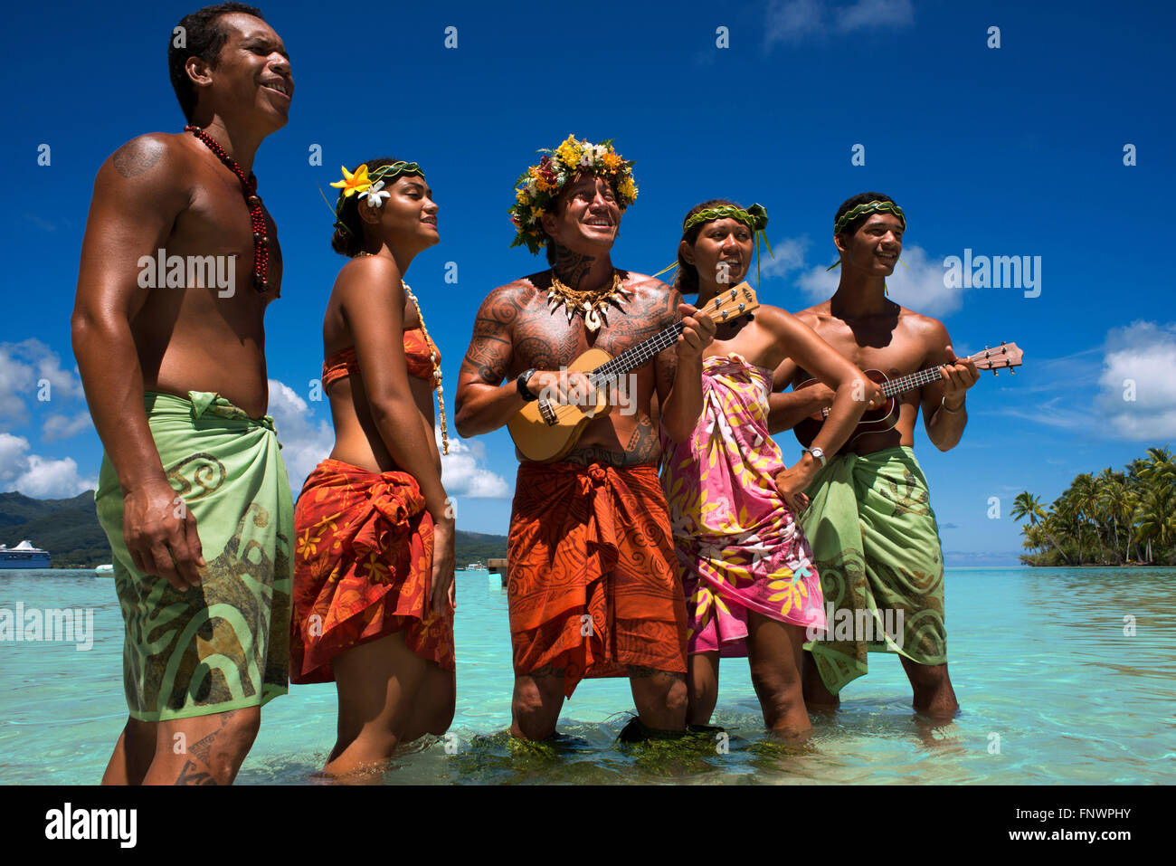 Island of Taha'a, French Polynesia. Polynesian songs and dancings at the Motu Mahana, Taha'a, Society Islands, French Polynesia, Stock Photo