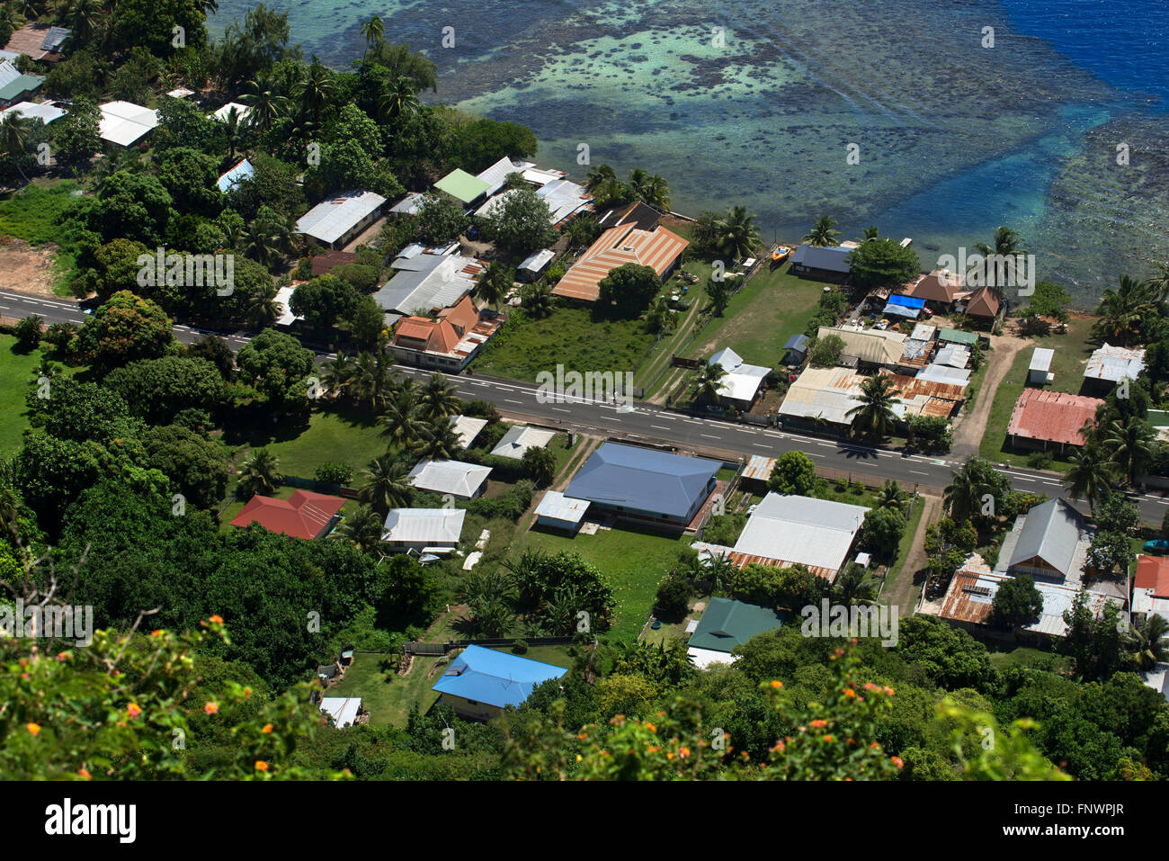 Typical houses, road, and see, Moorea island (aerial view), Windward