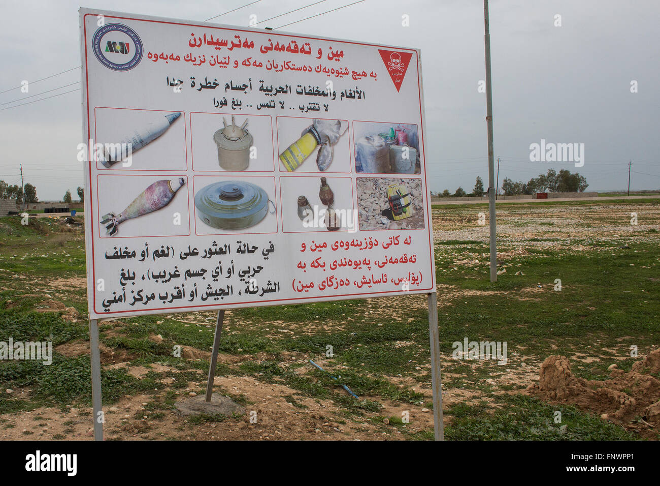 mine awareness board in Northern Iraq Stock Photo