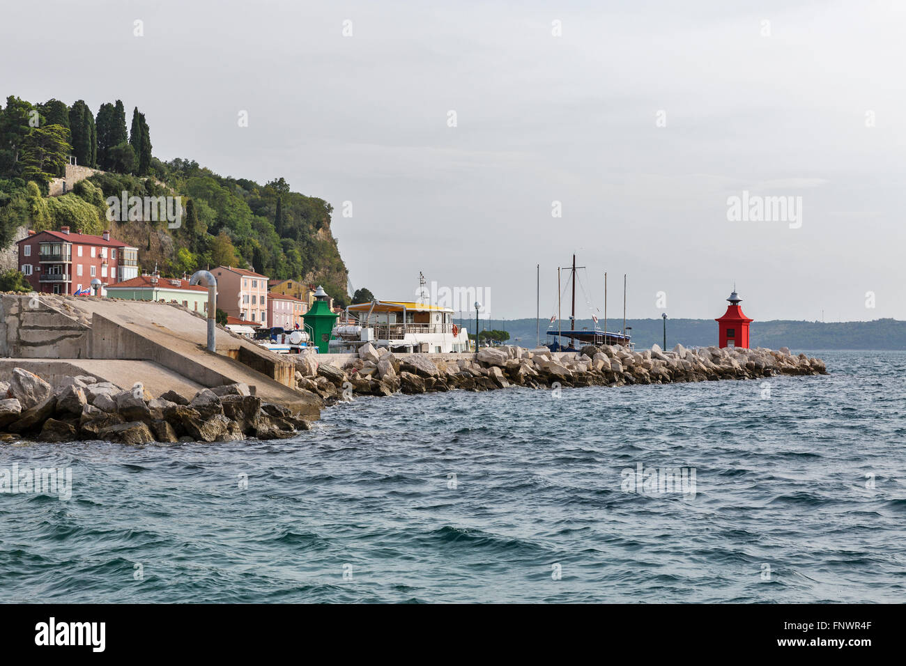 Ships moored in Piran port harbor. Adriatic Sea, Slovenia. Stock Photo