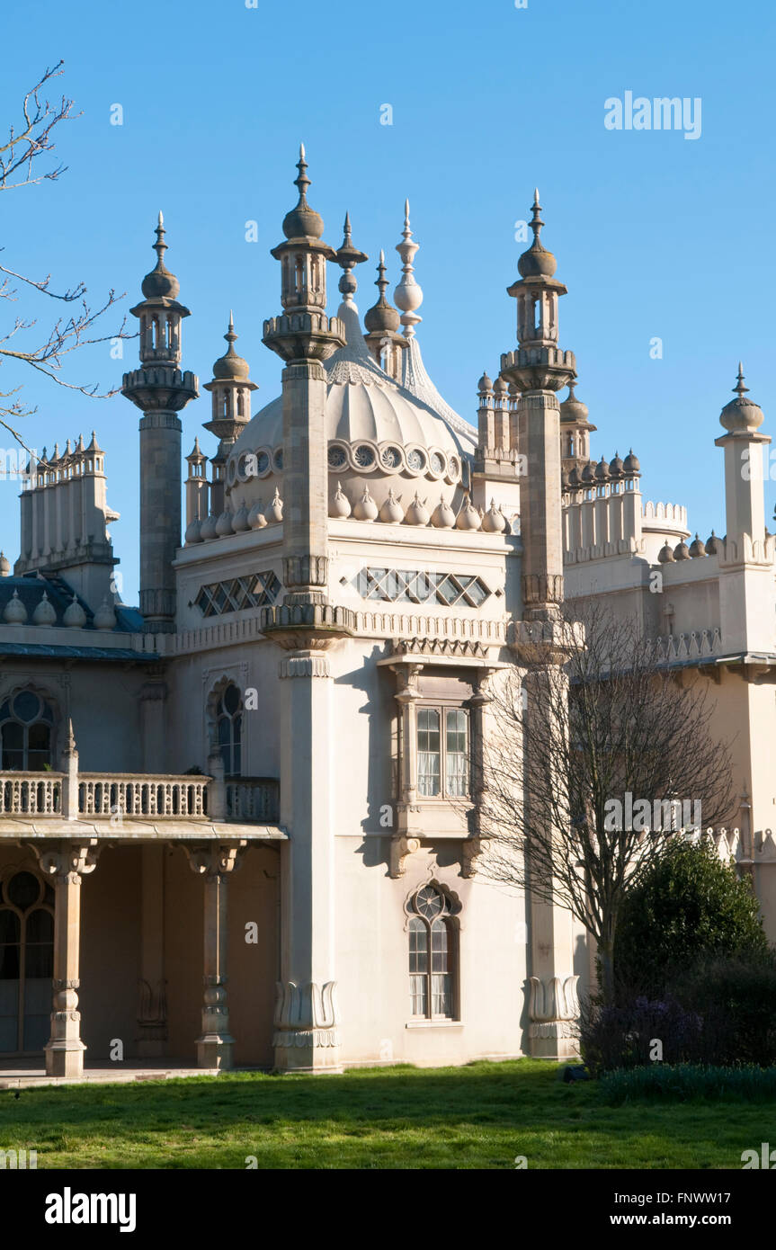 Detail of the columns, towers and domes of the Royal Pavilion in Brighton, East Sussex, England Stock Photo