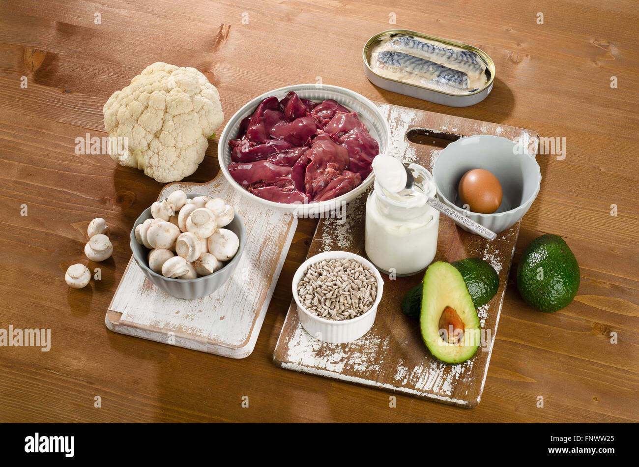 Foods Highest in Vitamin B5 (Pantothenic Acid) on wooden background