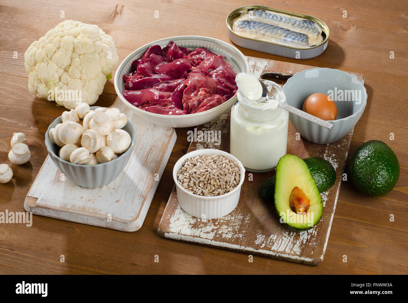 Foods Highest in Vitamin B5 (Pantothenic Acid) on a wooden background