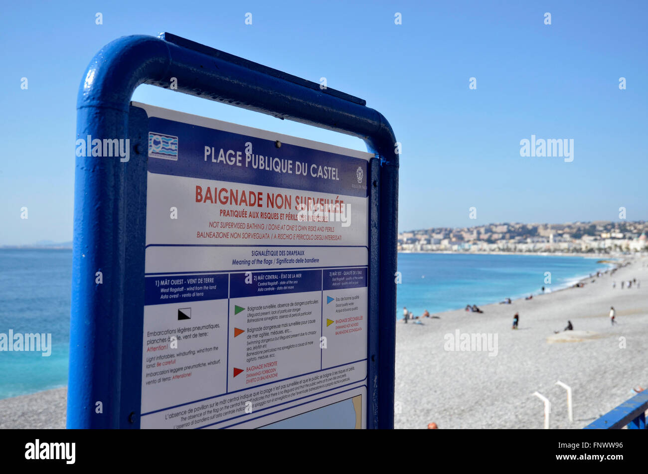 The sign for the Plage Publique du Castel on the Nice seafront Stock Photo