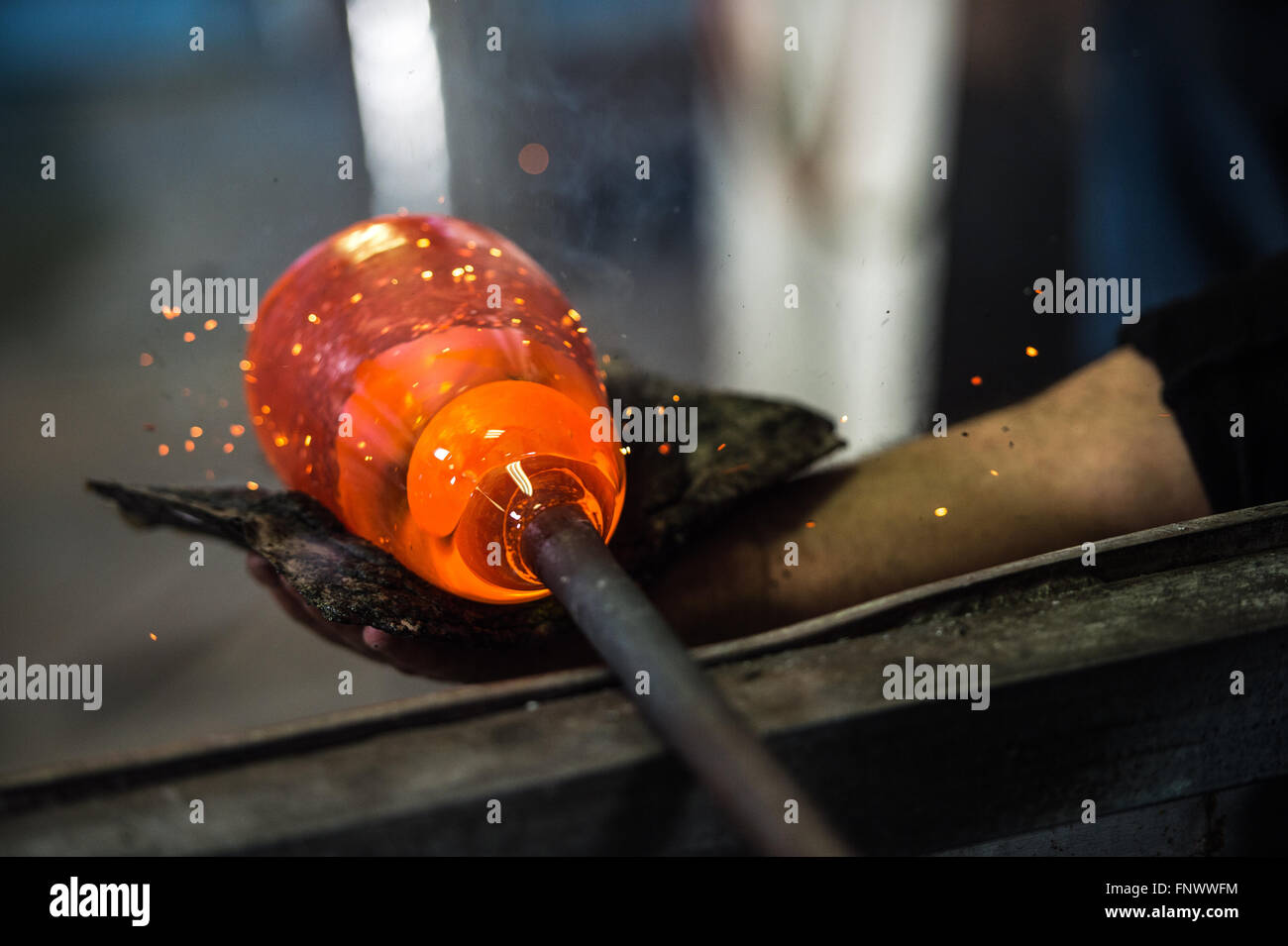 Glass Blower, Glass, Blown Glass Manufacturing Plant Stock Photo