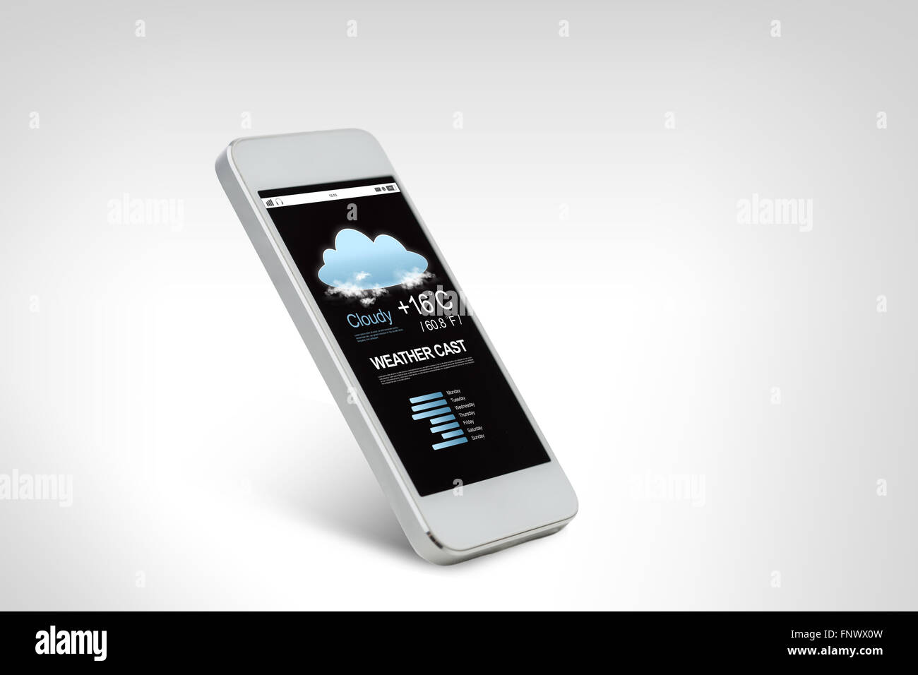white smarthphone with weather forecast on screen Stock Photo