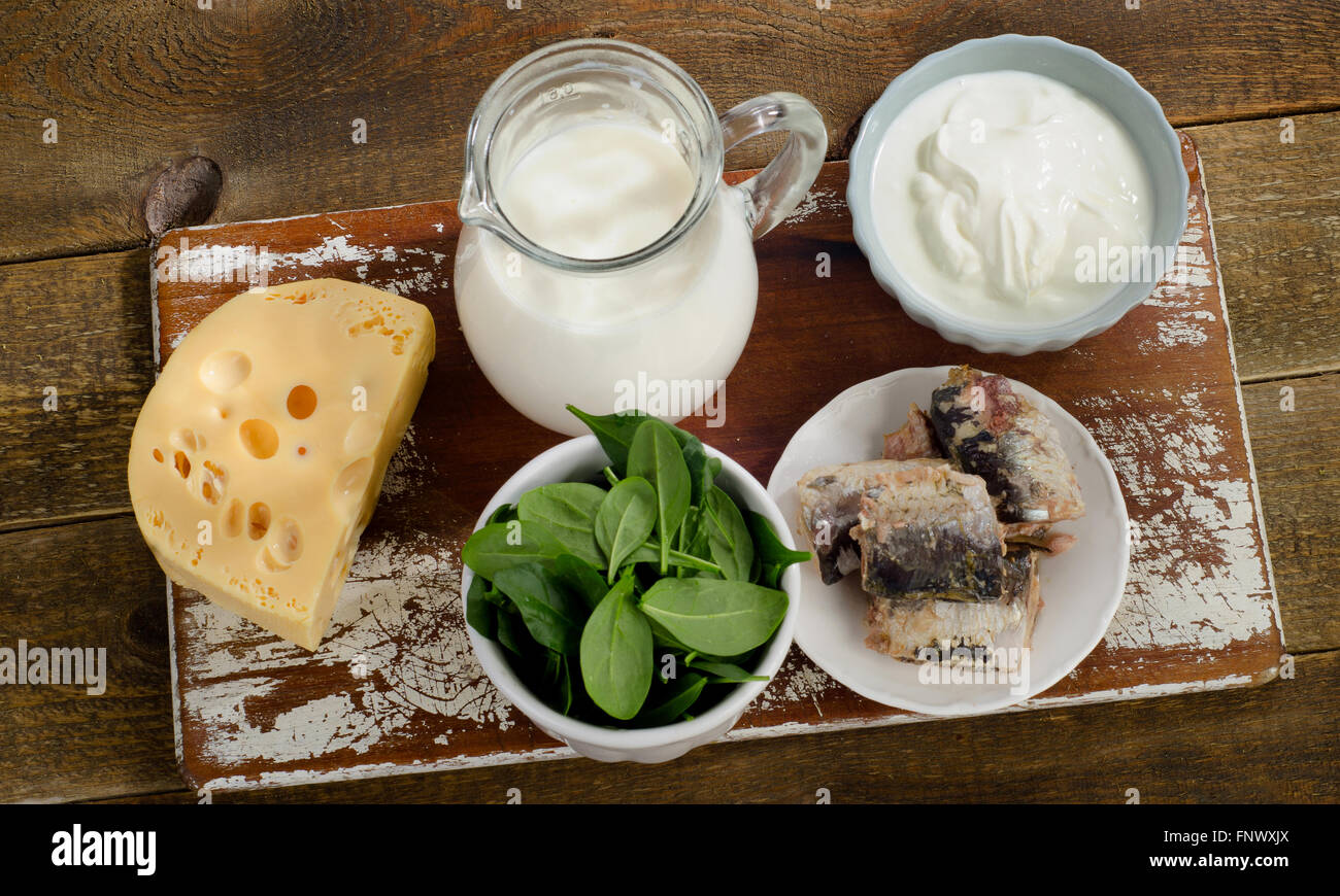 Food Sources of Calcium. Top view Stock Photo