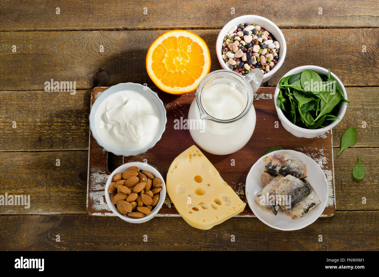 Food Sources of Calcium. Healthy eating. Top view Stock Photo