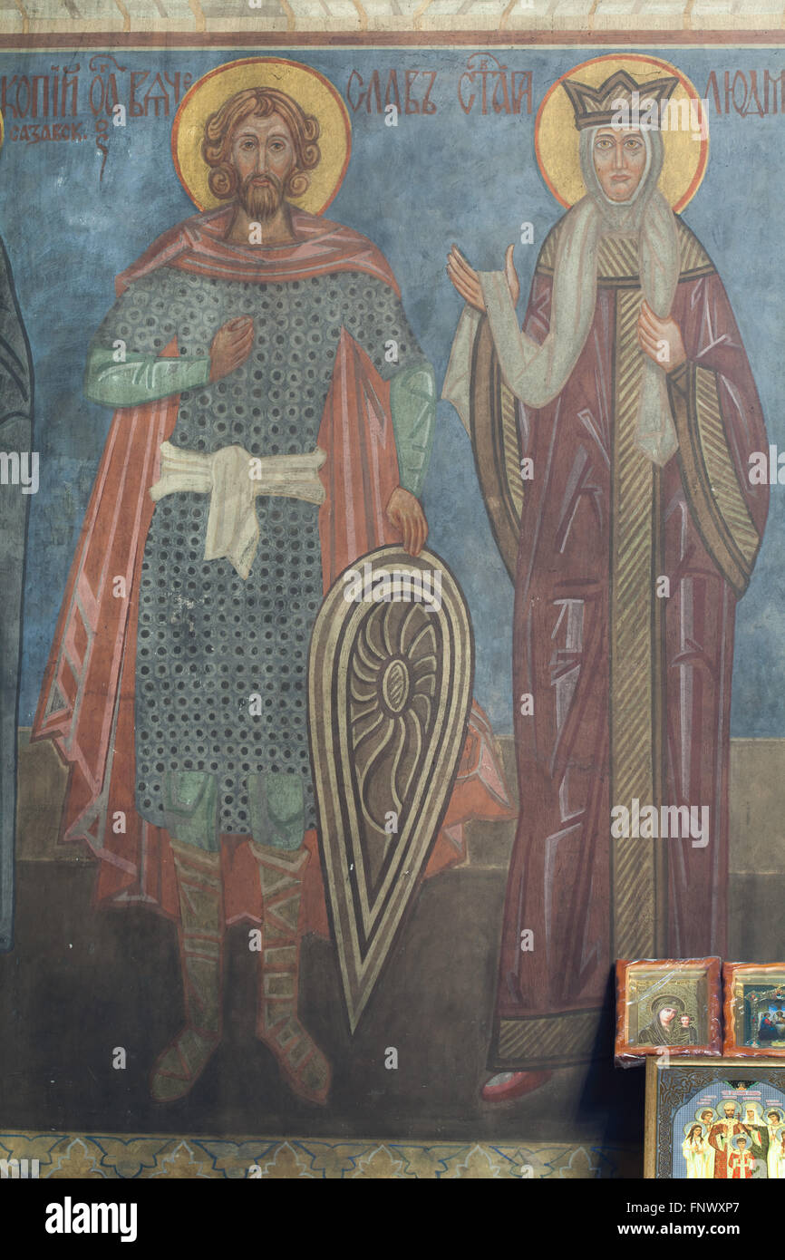 Saint Wenceslaus and Saint Ludmila of Bohemia. Mural paintings by
