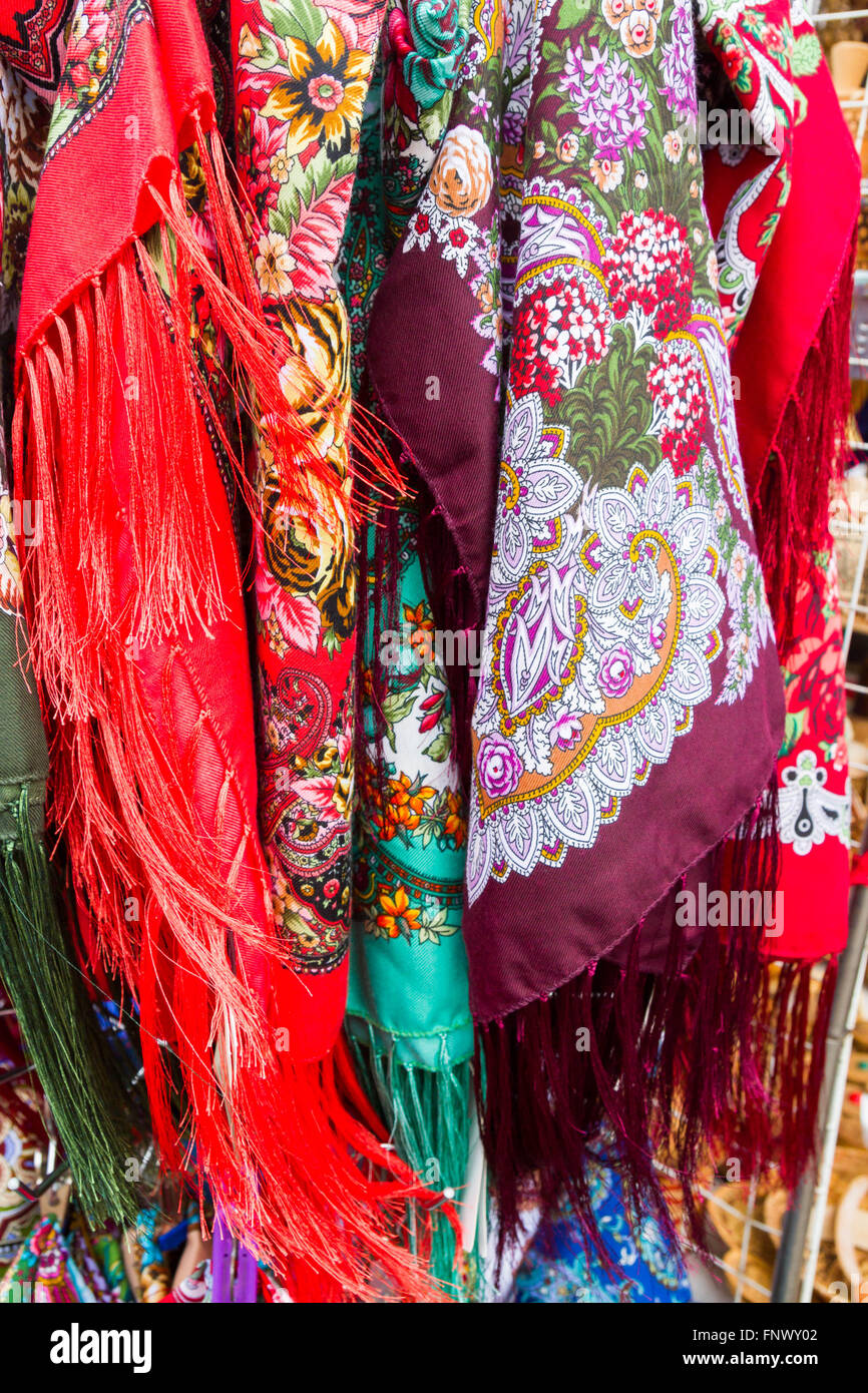 Russian factory painted multi-colored scarves Stock Photo - Alamy