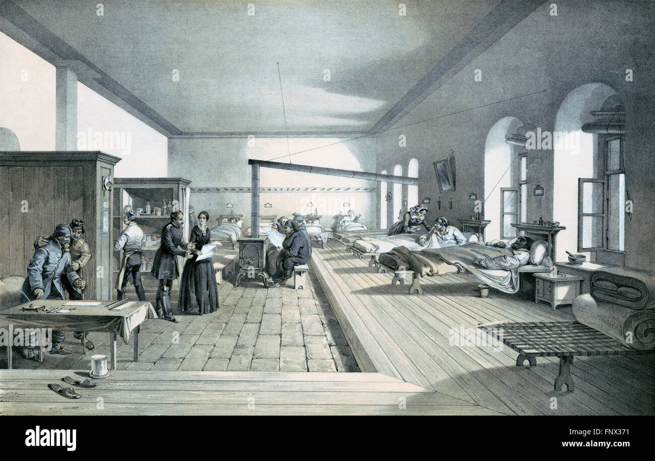 Florence Nightingale in one of the wards of the hospital at Scutari, Turkey (formerly Ottaman Empire) during the Crimean War. Lithograph by E Walker from an illustration by William Simpson, 1856. Stock Photo