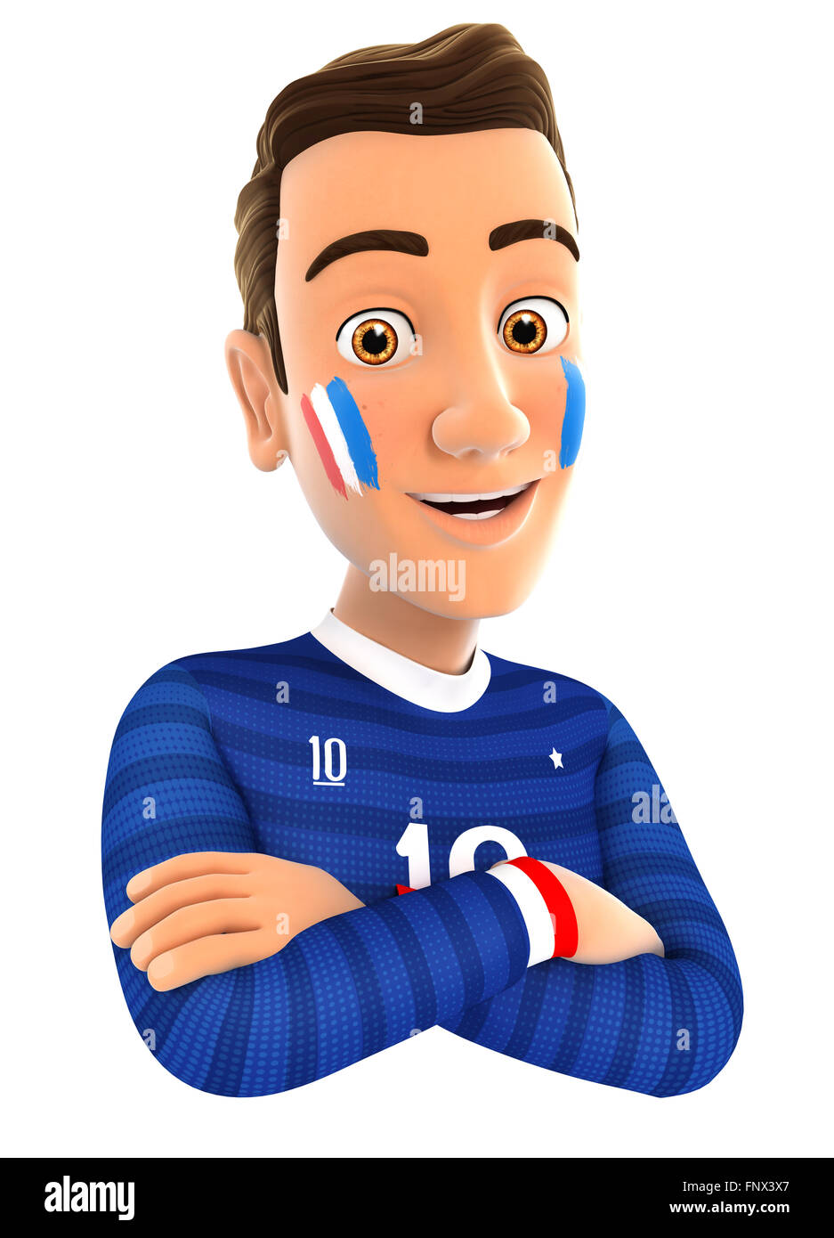 3d french soccer fan with arms crossed, isolated white background Stock Photo