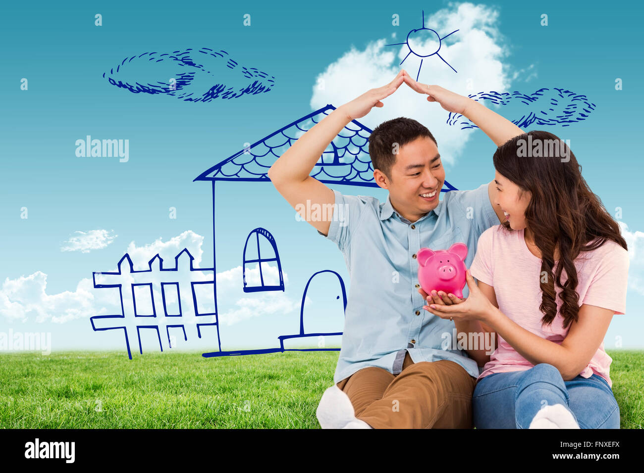 Composite image of happy young couple with piggy bak Stock Photo - Alamy