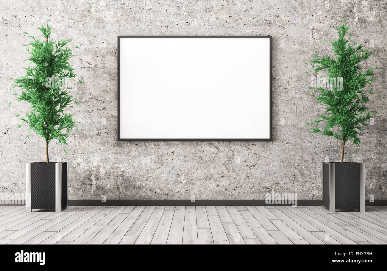 Interior of room with big poster on the concrete wall and plants 3d render Stock Photo