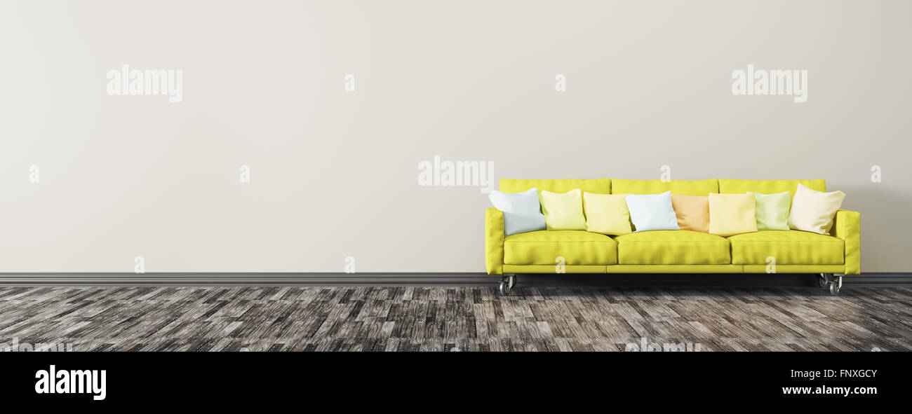 Modern interior background of living room with green sofa panorama 3d render Stock Photo