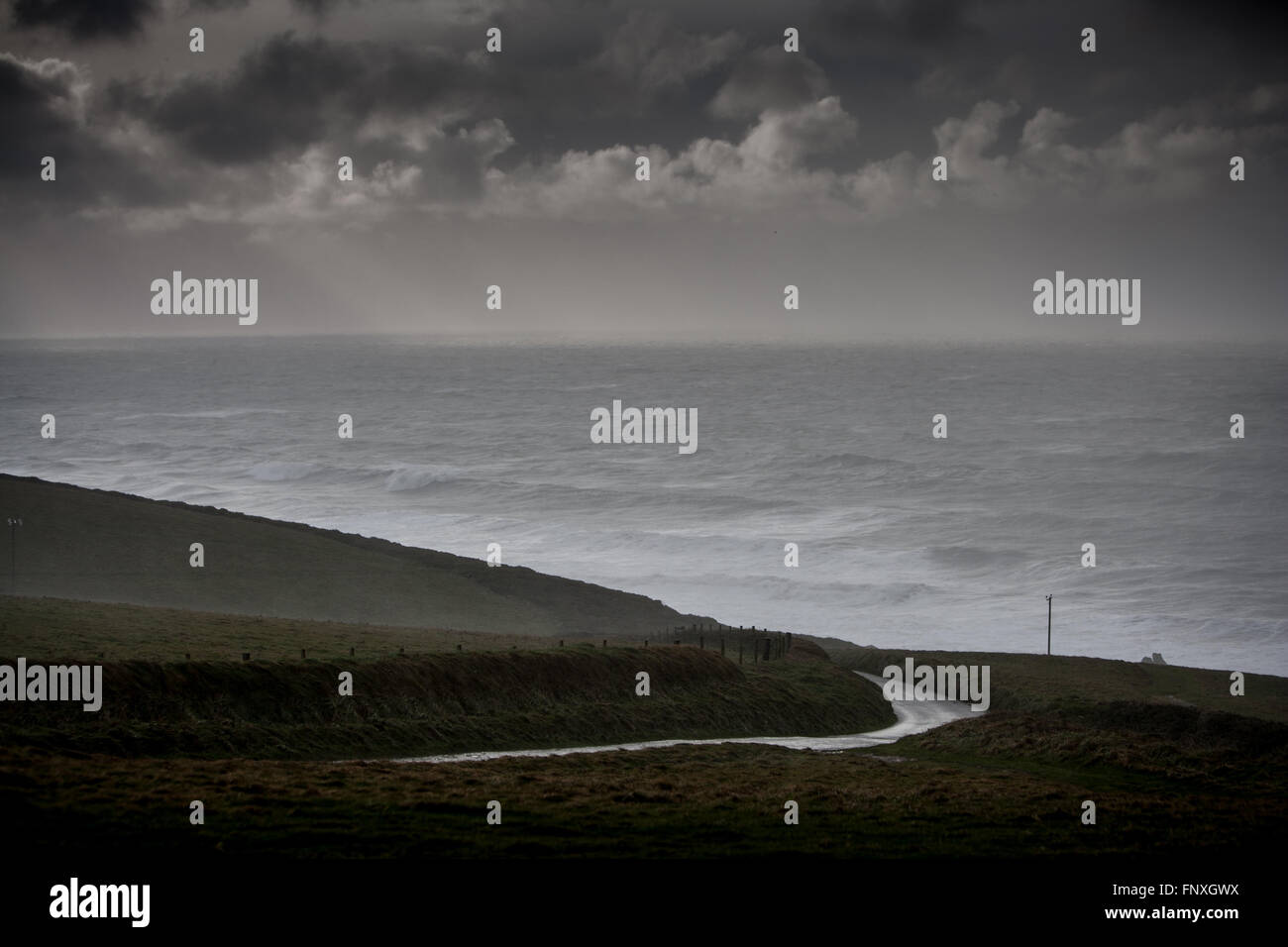 stormy conditions at Hartland in Devon UK Stock Photo