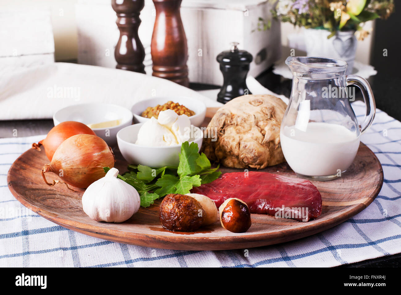 Assorted raw ingredients for Beef Stroganoff with mashed potatoes or celery - Stock image Stock Photo