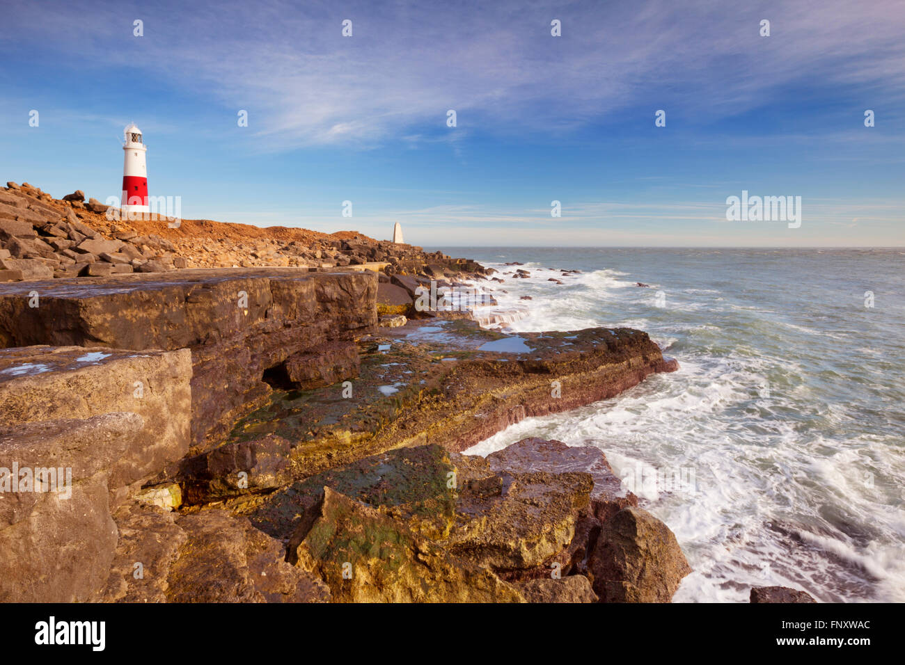 The Portland Bill Lighthouse on the Isle of Portland in Dorset, England on a sunny day. Stock Photo