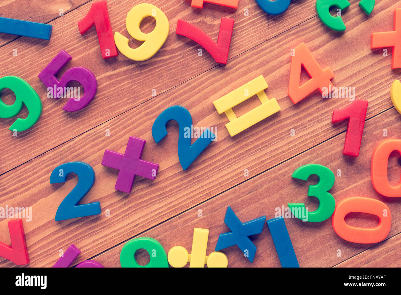 Multiply two by two, simple math addition on wooden background. Cross