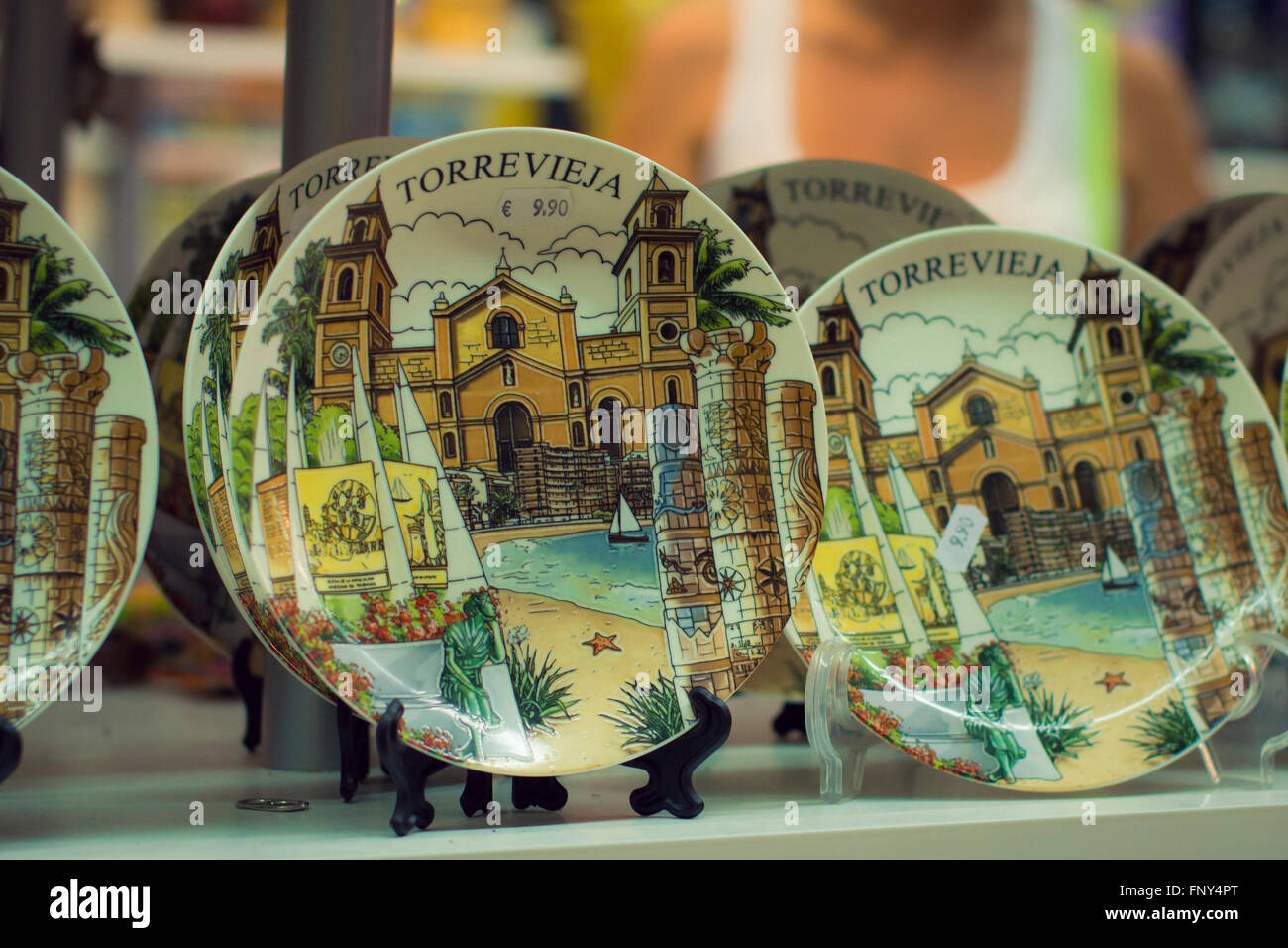 TORREVIEJA, SPAIN SEPTEMBER 6, 2014 Souvenir plates in the tourist shop Torrevieja, Valencia
