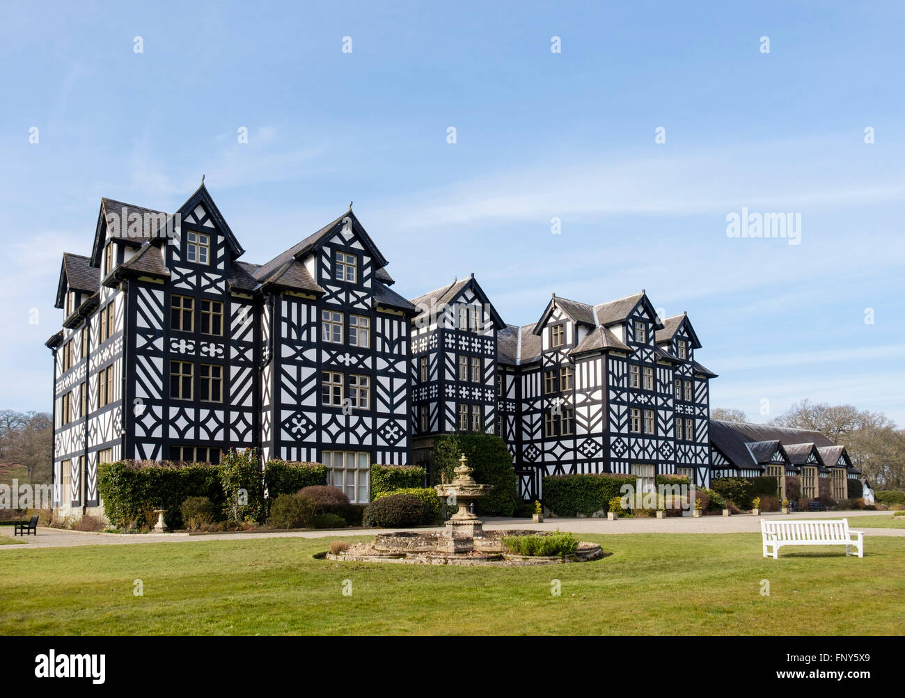 19thc Gregynog Hall University of Wales conference and study centre with black and white facade. Tregynon Newtown Powys Wales UK Stock Photo