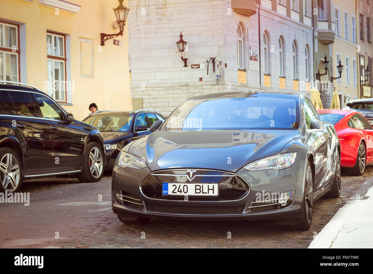 Tallinn, Estonia - June 12, 2015: Electric car, manufactured by Tesla  motors, parked near the curb on a paved street of Tallinn Stock Photo -  Alamy