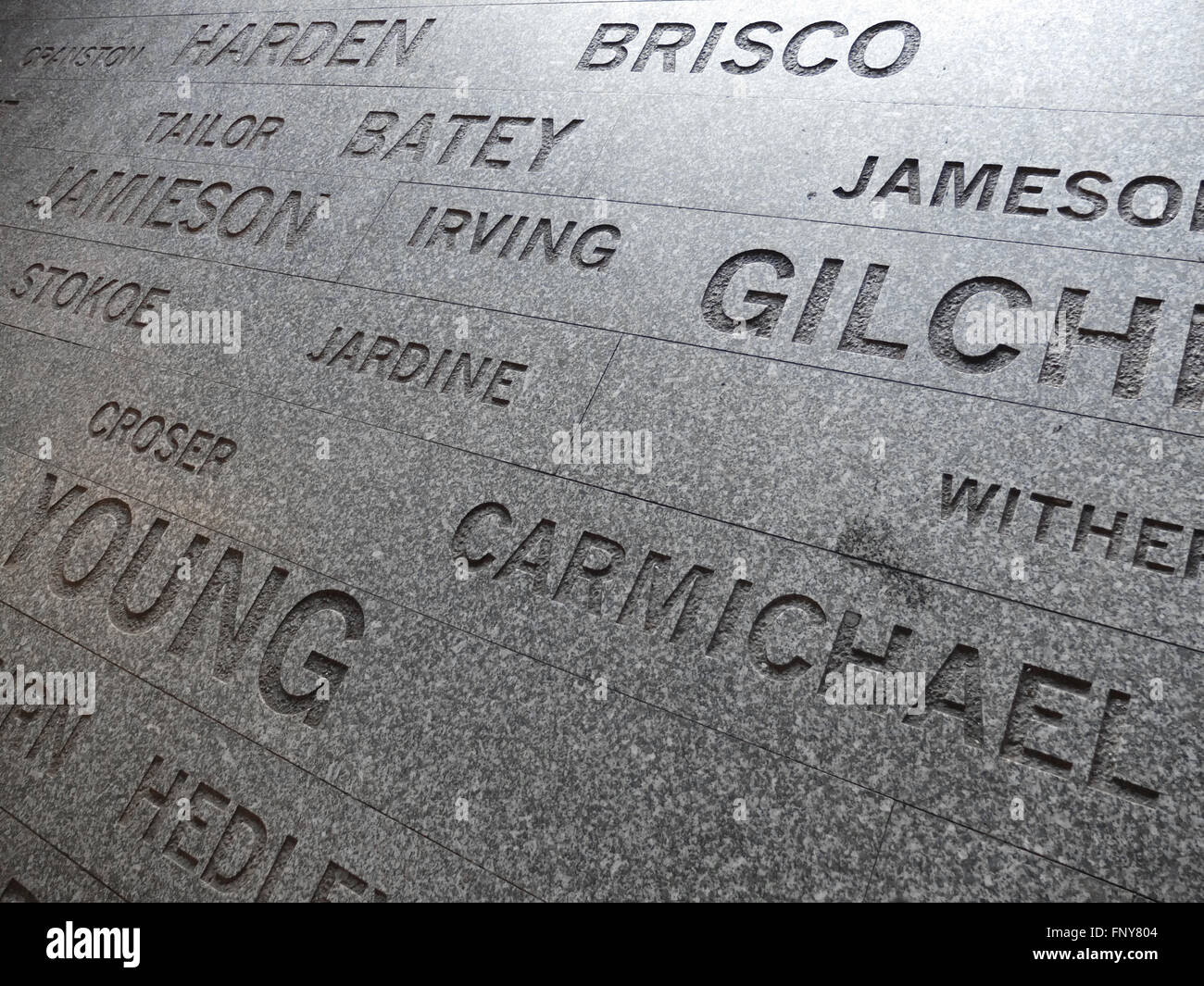 Reiver surnames on the pavement around the cursing stone in Carlisle, Cumbria Stock Photo