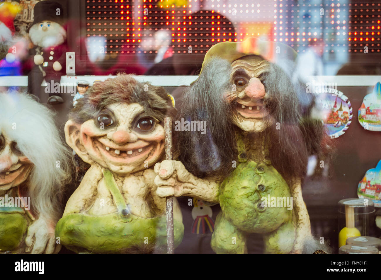 TALLINN, ESTONIA - YUNI 12, 2015: Toy trolls and witches in a shop window on one of the Central streets, Tallinn, Estonia Stock Photo