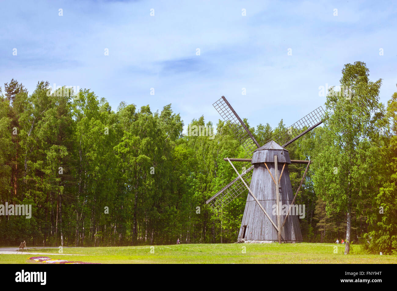 TALLINN, ESTONIA - YUNI 13, 2015: Windmill in Museum Estonian open air, Vabaohumuuseumi kivikulv, Rocca al Mare, Tallinn Stock Photo