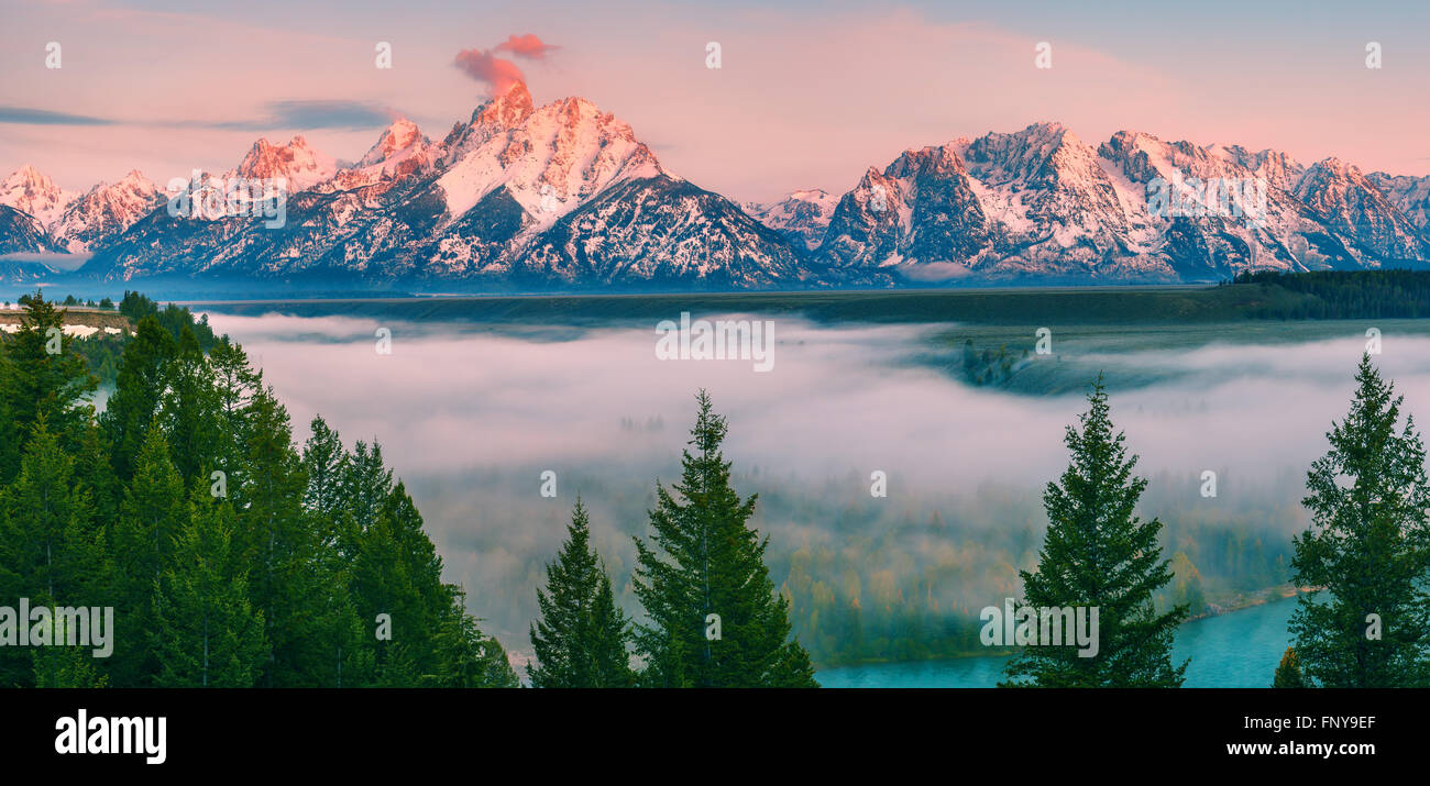 A panoramic view at sunrise at the Snake River Overlook in Grand Teton National Park in Wyoming, USA Stock Photo